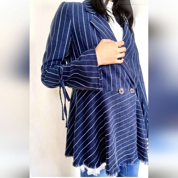 Free people Indigo navy Stella longline striped  double breasted  blazer SMALL - Picture 6 of 12